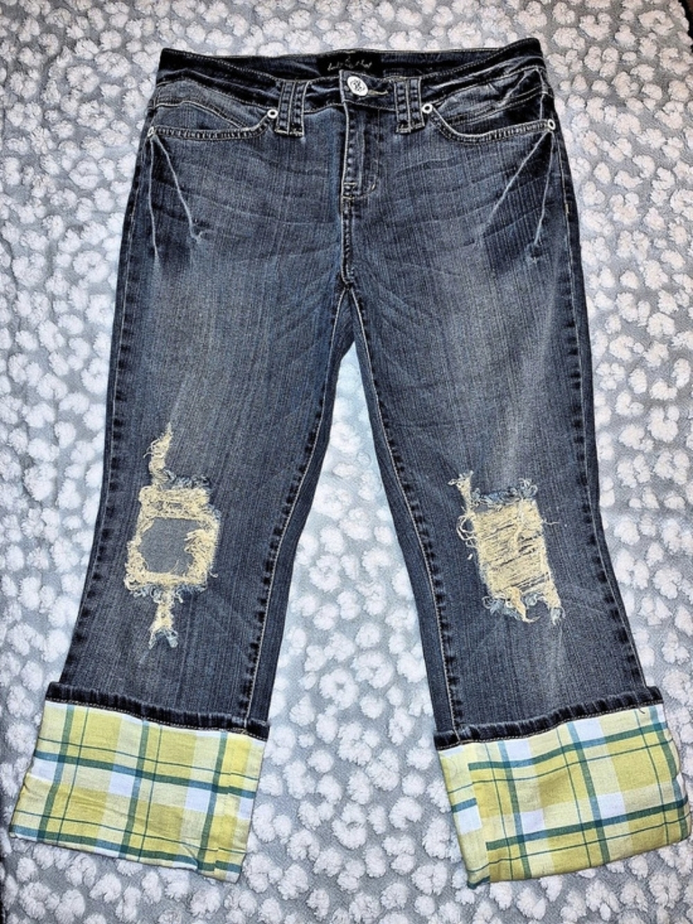 Baby Phat Distressed Plaid Cuff Capri Jeans
